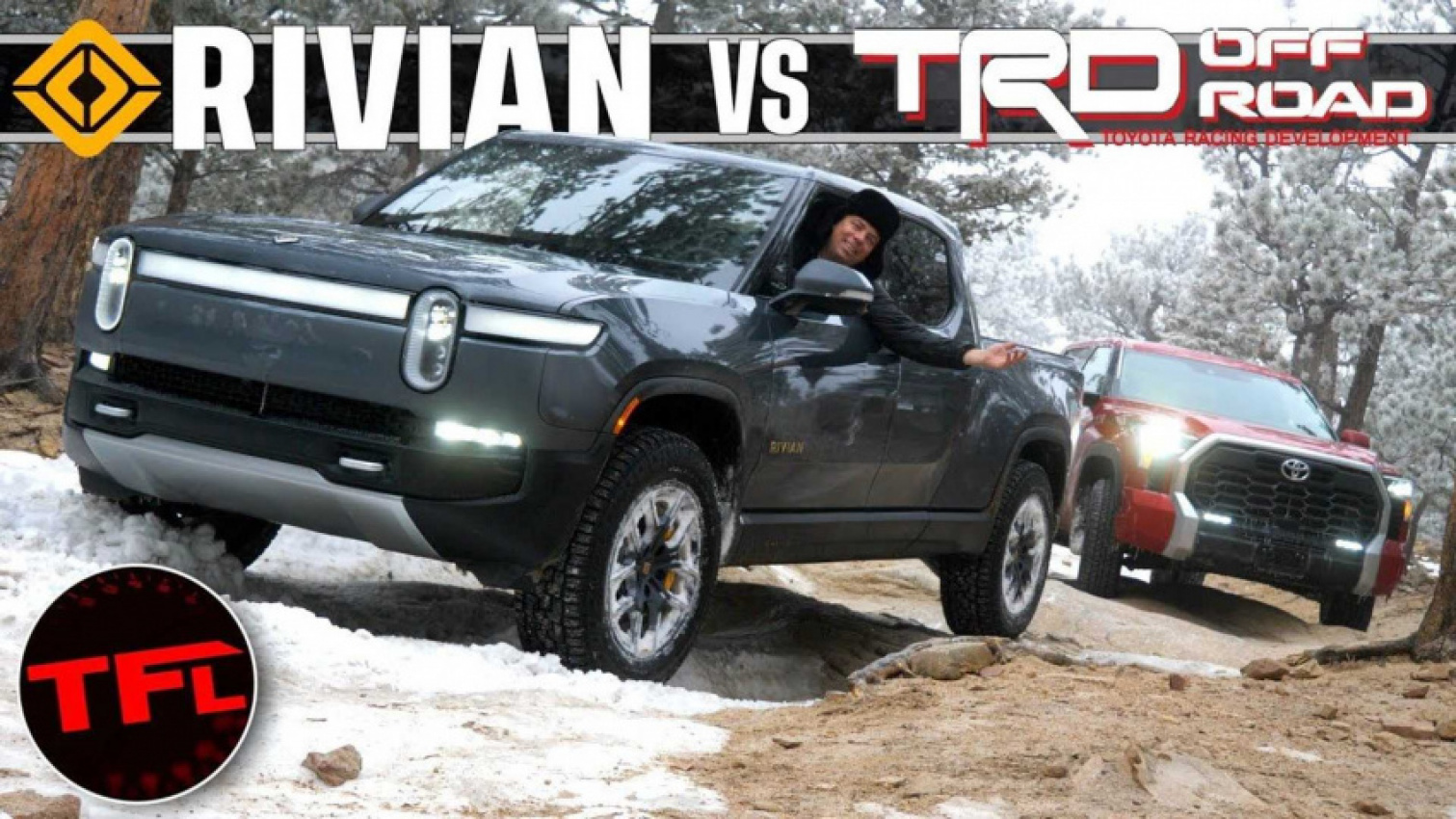 autos, cars, evs, rivian, toyota, watch rivian r1t vs toyota tundra snow wheeling adventure