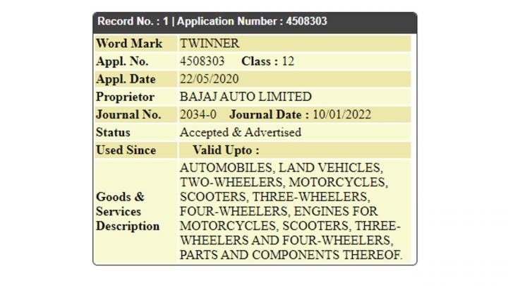 autos, cars, 2-wheels, bajaj, bajaj auto, indian, scoops & rumours, trademark, bajaj twinner name trademarked for a possible 2-cyl model