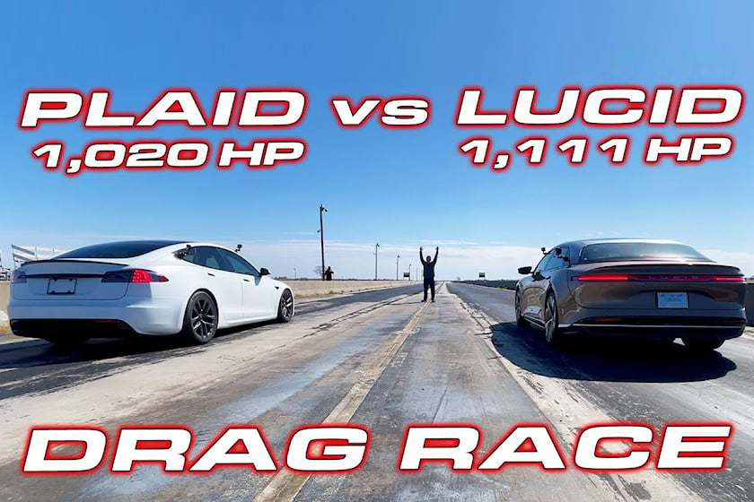autos, cars, electric vehicles, hp, lucid, tesla, tesla model s, video, 2,000-hp ev drag race: lucid air vs. tesla model s plaid