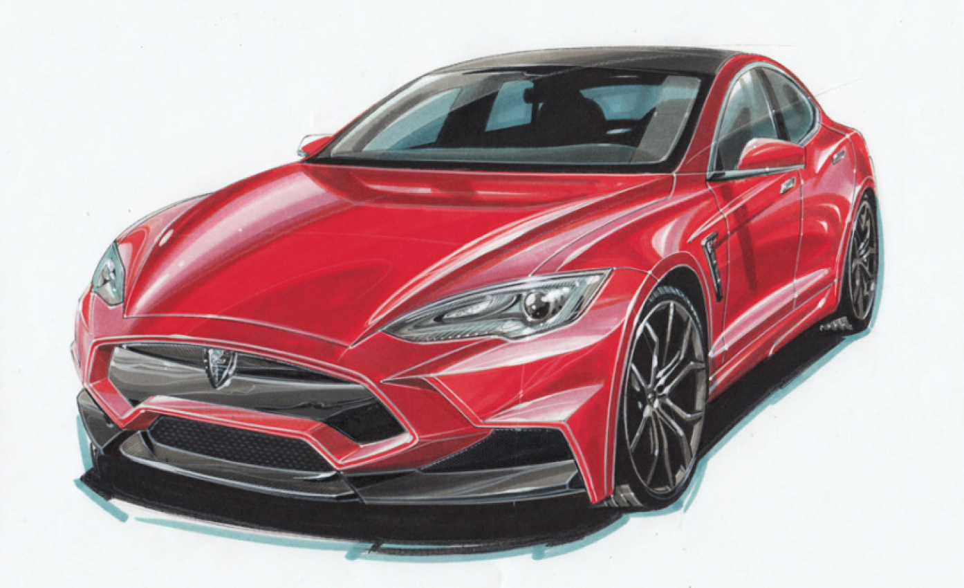 autos, cars, tesla, larte design is drawing your attention with a sketch of basalt-made tesla