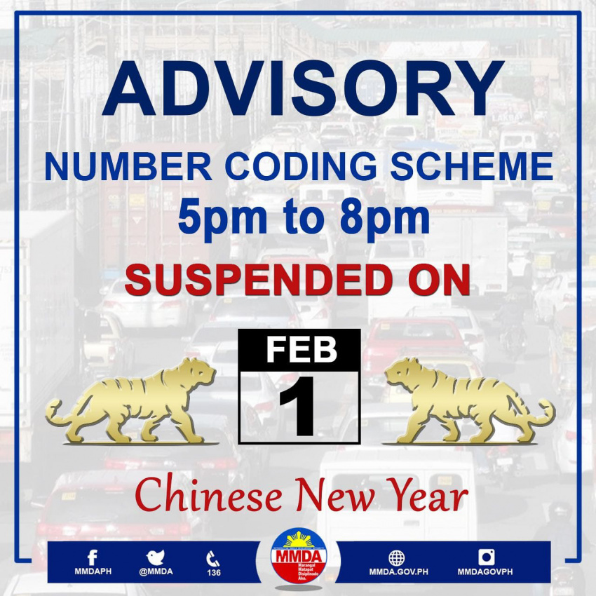 auto news, autos, cars, metropolitan manila development authority, mmda, number coding scheme, unified vehicular volume reduction program, uvvrp, mmda suspends number coding on chinese new year