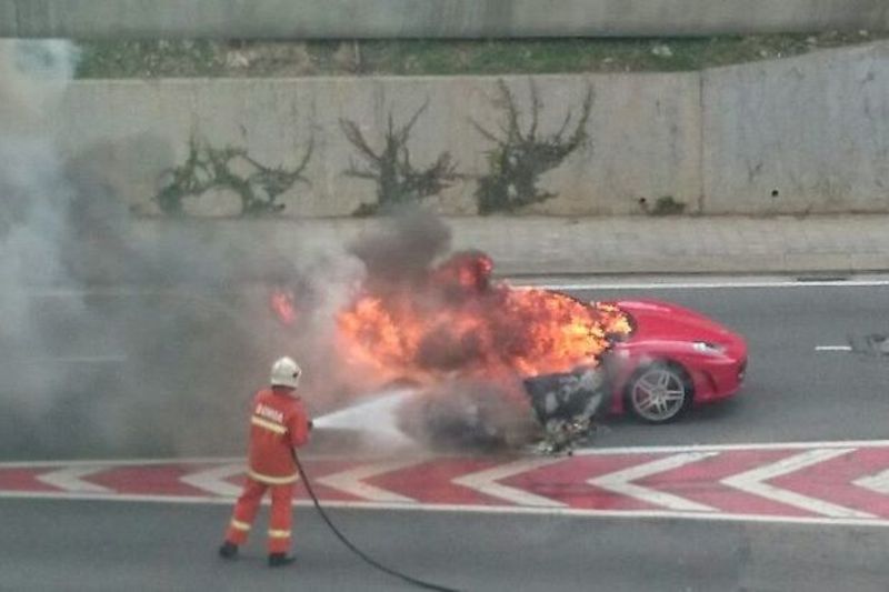 autos, cars, ferrari, burning red ferrari causes traffic standstill