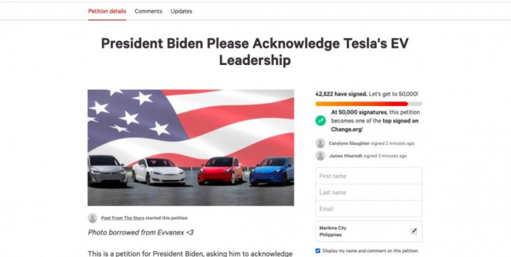 autos, cars, news, space, spacex, tesla, over 42k tesla supporters are urging pres. biden to acknowledge the company’s ev leadership