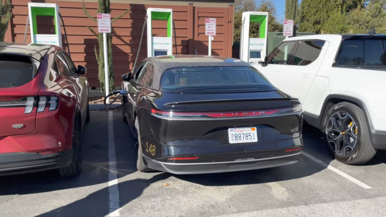 autos, cars, evs, ford, lucid, rivian, ev encounter: rivian r1t, lucid air and ford spotted charging together