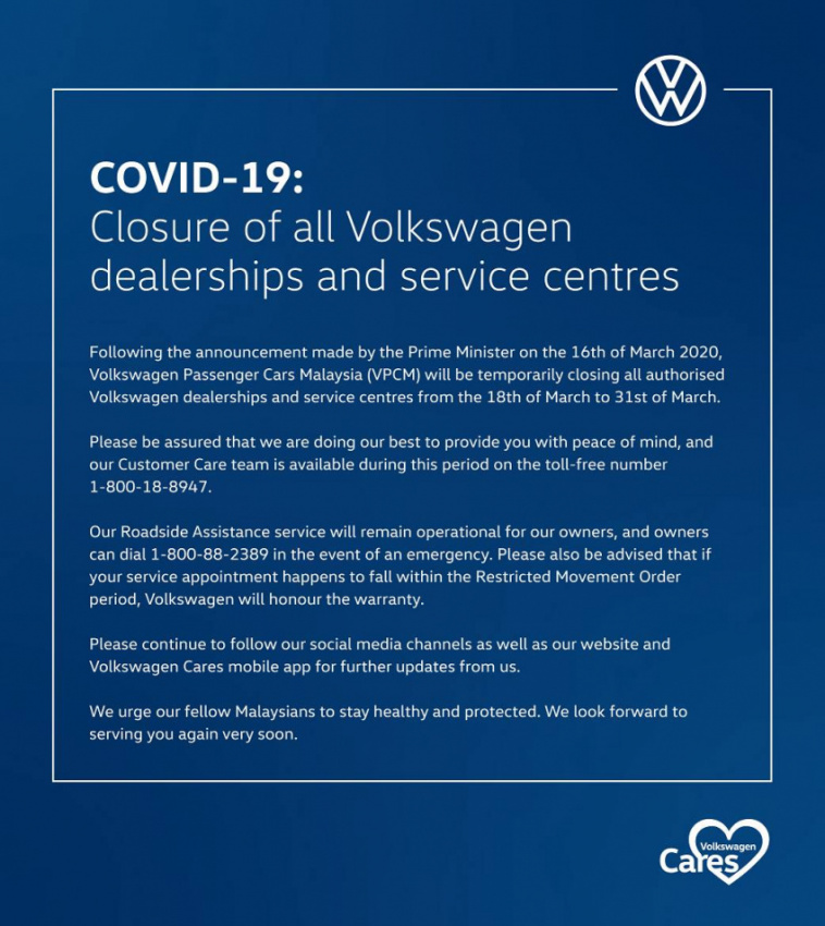 autos, car brands, cars, volkswagen, automotive, cars, coronavirus, malaysia, movement control order, volkswagen passenger cars malaysia, volkswagen suspends operations temporarily but customer care is ready to serve