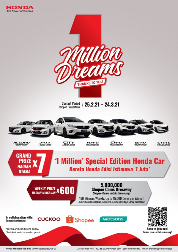autos, car brands, cars, honda, automotive, cars, contest, honda malaysia, malaysia, honda malaysia giving away seven special edition cars to mark 1 million milestone