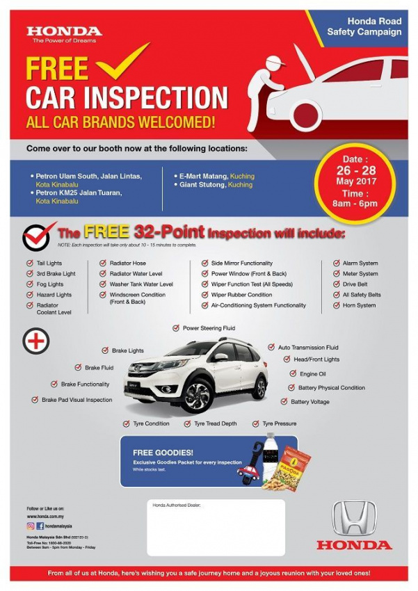 autos, cars, honda, auto news, hari gawai, honda malaysia, pesta kaamatan, honda malaysia will be having 32-point car inspections in kk and kuching