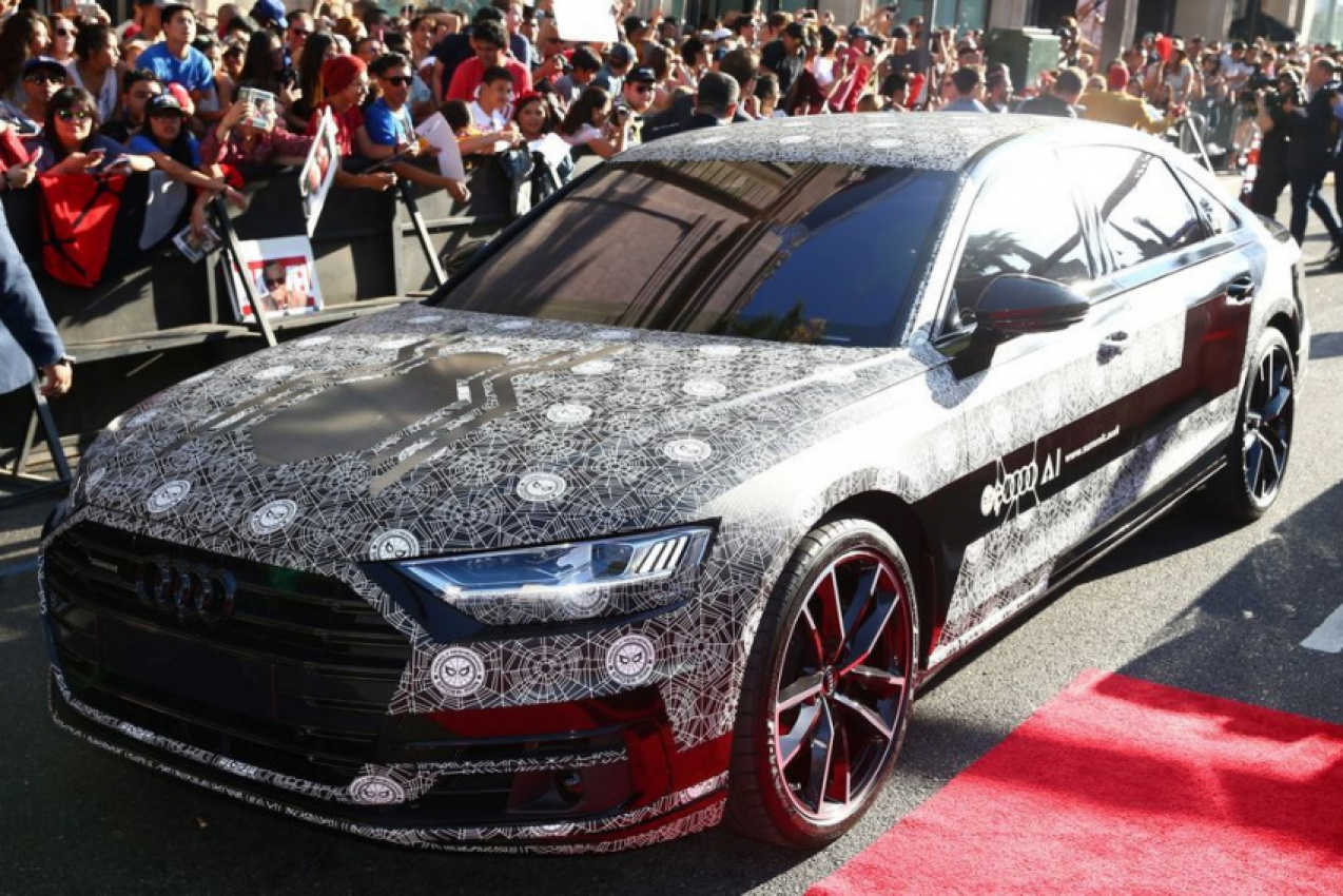 audi, autos, cars, a8, audi a8, auto news, new audi a8 makes surprise appearance at spider-man: homecoming world premiere