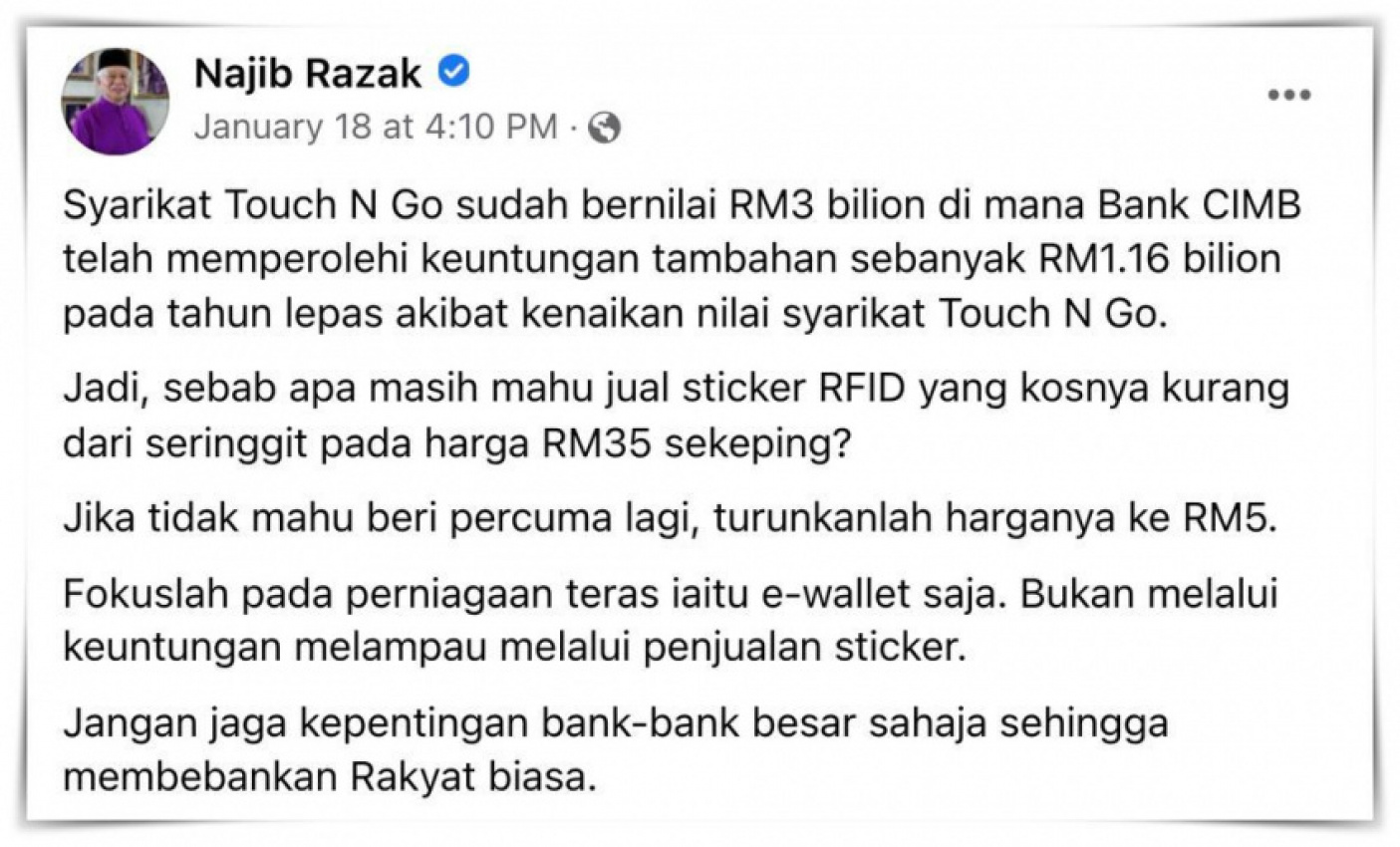 autos, cars, auto news, cimb, llm, najib razak, plus, rfid, smartag, touch n&039;go, najib: rfid stickers cost below rm1, so why are malaysians being charged rm35?
