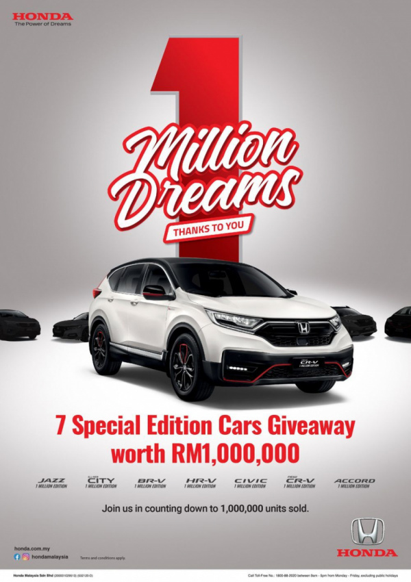 autos, cars, honda, 1 million dreams campaign, accord, auto news, br-v, city, civic, cr-v, honda malaysia, hr-v, jazz, honda malaysia tawar 7 model ‘special edition’ untuk dimenangi secara percuma
