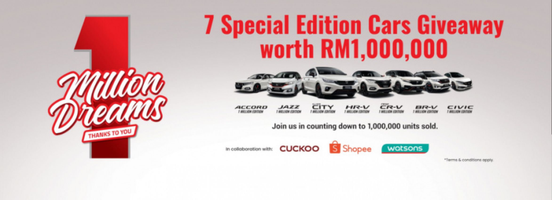 autos, cars, honda, 1 million dreams campaign, accord, auto news, br-v, city, civic, cr-v, honda malaysia, hr-v, jazz, honda malaysia tawar 7 model ‘special edition’ untuk dimenangi secara percuma