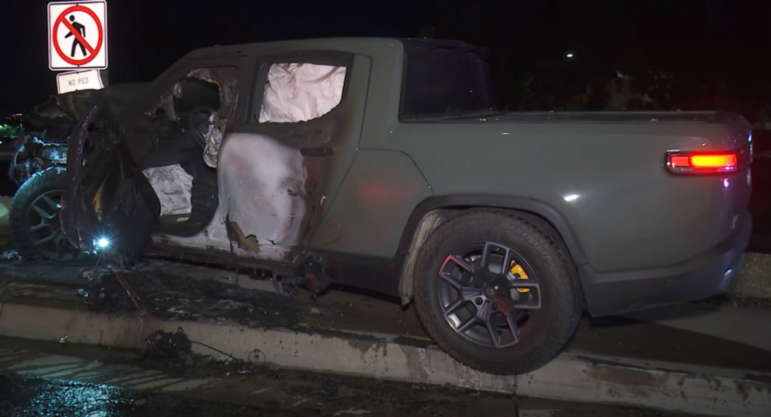 autos, cars, news, rivian, accidents, electric vehicles, rivian r1t, rivian videos, trucks, video, rivian r1t destroyed after hitting pole and catching fire in california