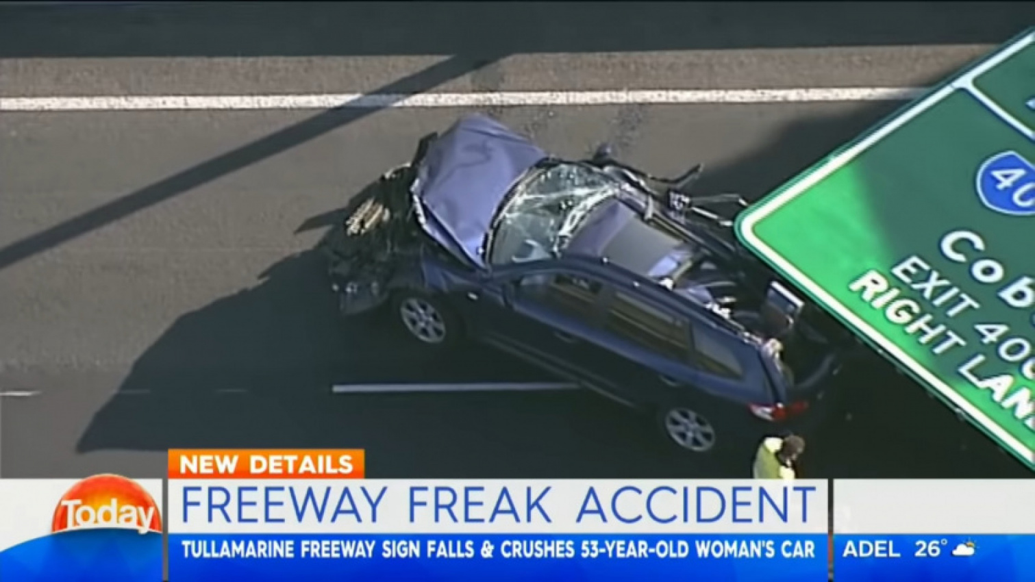 autos, cars, car accidents, final destination-style freak accident on australian highway causes overhead sign to crush suv