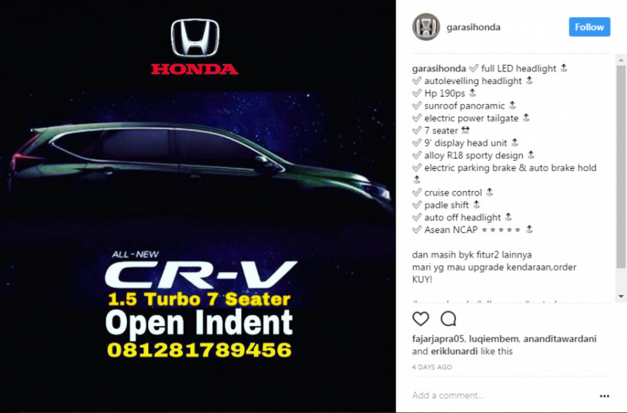 autos, cars, honda, auto news, honda cr-v, indonesia, leaked: indonesian 2017 honda cr-v specs - 1.5 vtec turbo