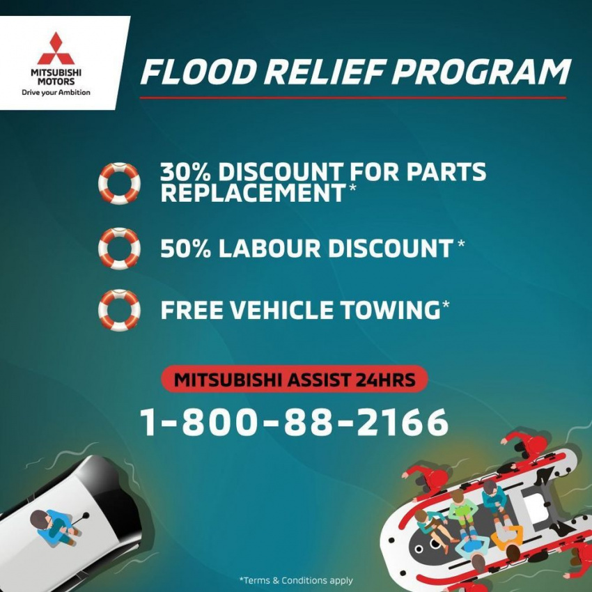 autos, cars, mitsubishi, auto news, mitsubishi malaysia flood relief programme, mitsubishi motors malaysia, mitsubishi motors malaysia offers up flood relief assistance - 30% off spare parts, 50% off labour costs, free towing