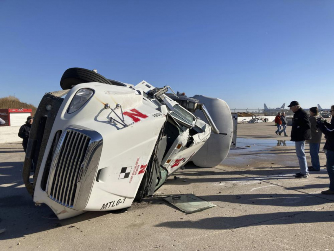 autos, cars, crash, watch: semi-truck test crashed into new freeway median barrier