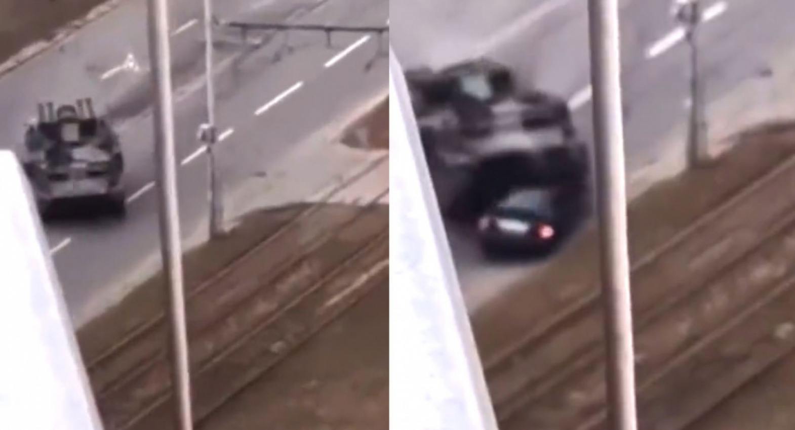autos, cars, news, accidents, offbeat news, russia, ukraine, video, russian tank goes out of its way to crush civilian car in ukraine, driver miraculously survives