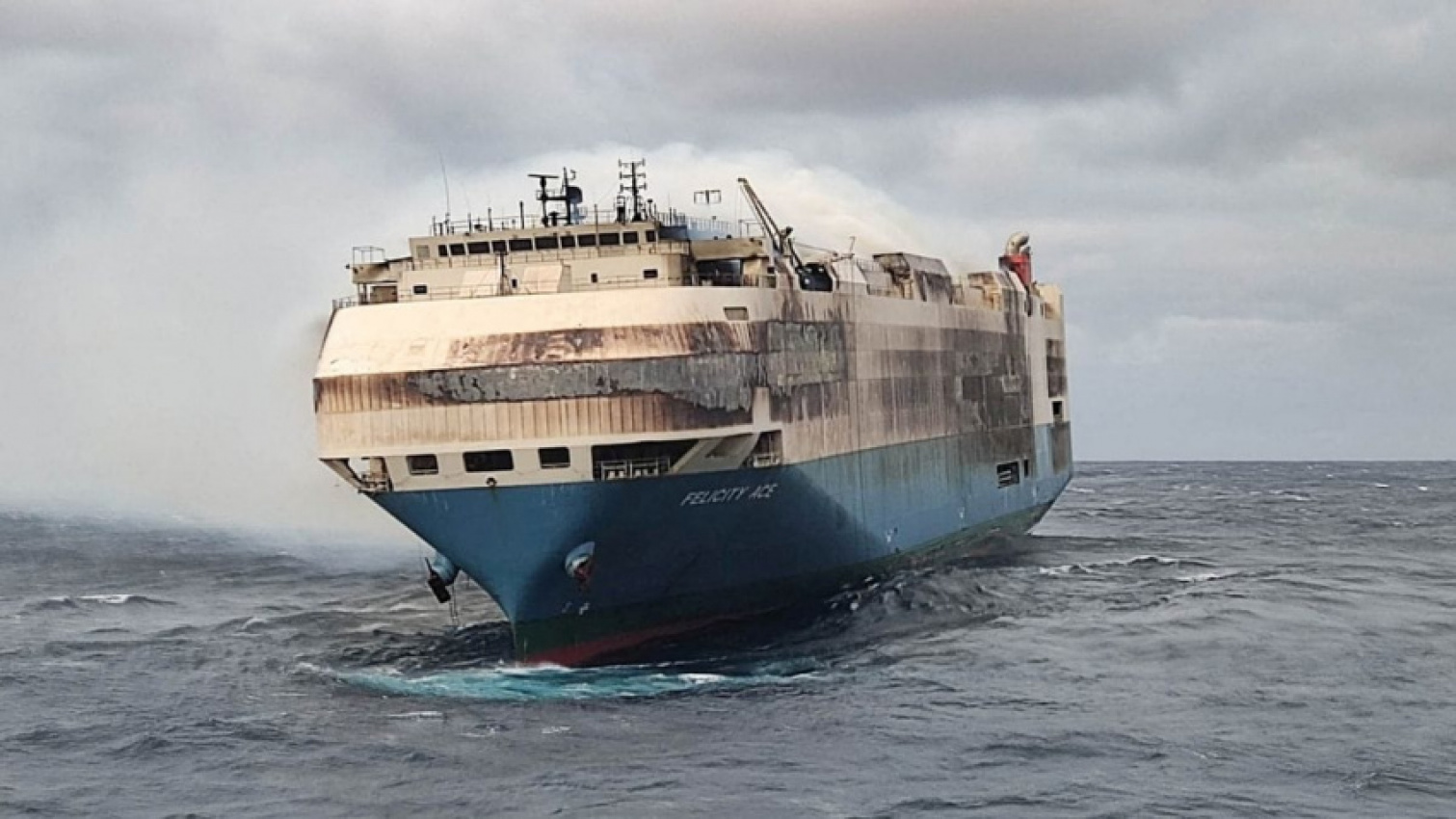 autos, cars, auto news, carandbike, felicity ace, felicity ace cargo ship, felicity ace cargo ship news, felicity ace ship fire, mitsui o.s.k. lines ltd, news, salvage team boards burnt ship with luxury cars off azores, towing begins