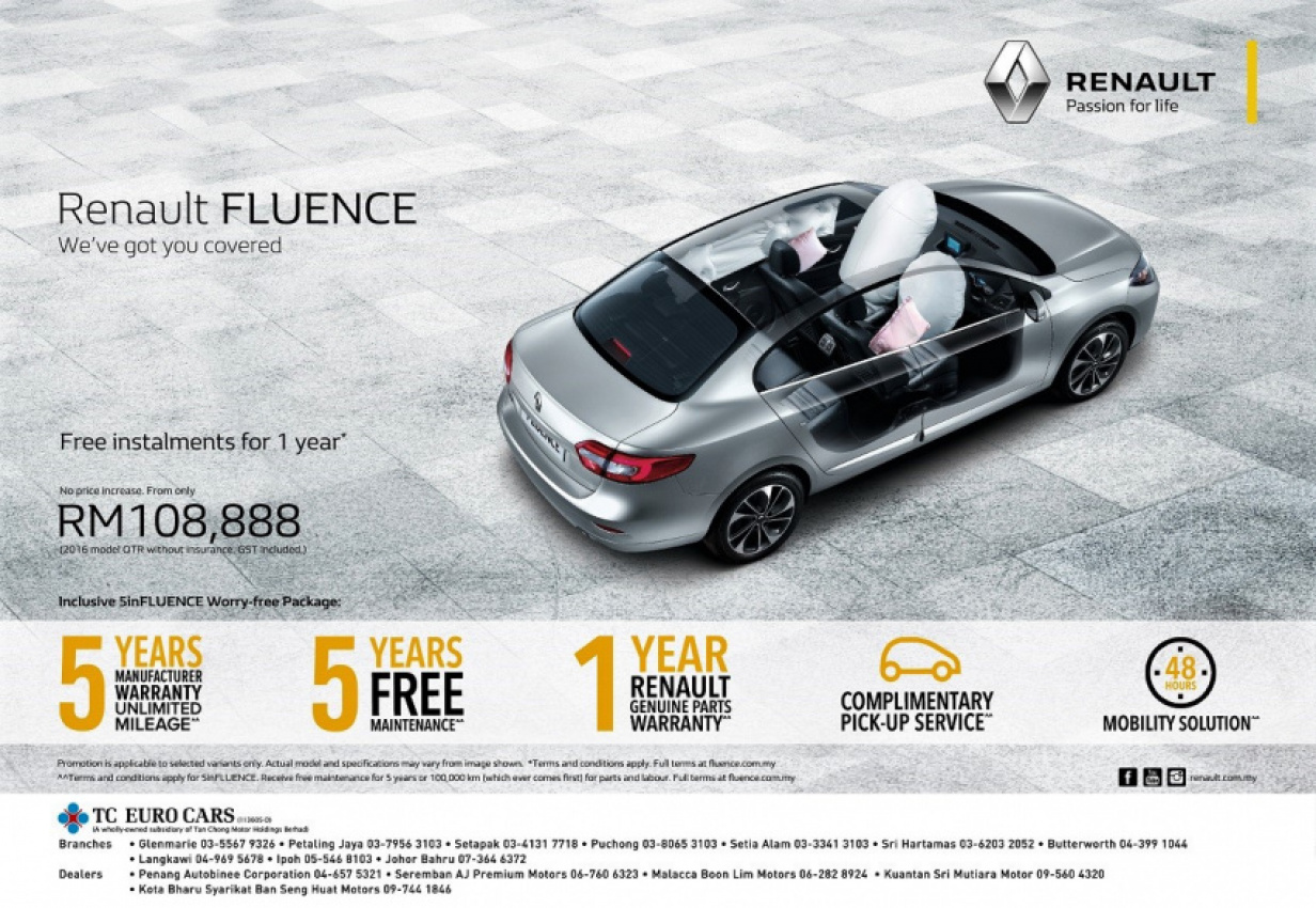 autos, car brands, cars, renault, tc euro cars, enjoy a worry-free renault fluence experience in malaysia (and  free instalments for one year)