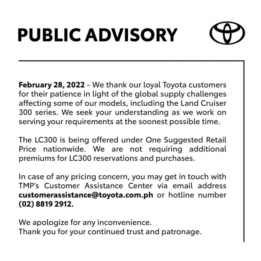autos, cars, toyota, land cruiser, luxury suv, news, toyota corporate, toyota land cruiser, is a sales agent gouging you for a land cruiser 300? you can now report them directly to toyota ph