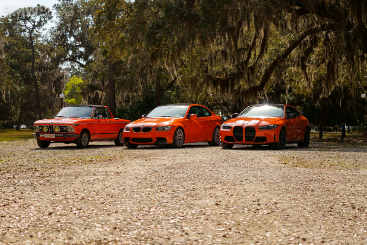 autos, bmw, cars, bmw 2002, bmw m3 coupe lime rock park, bmw m4, fire orange, side-by-side: bmw 2002 vs. e92 m3 lime rock vs. m4 fire orange