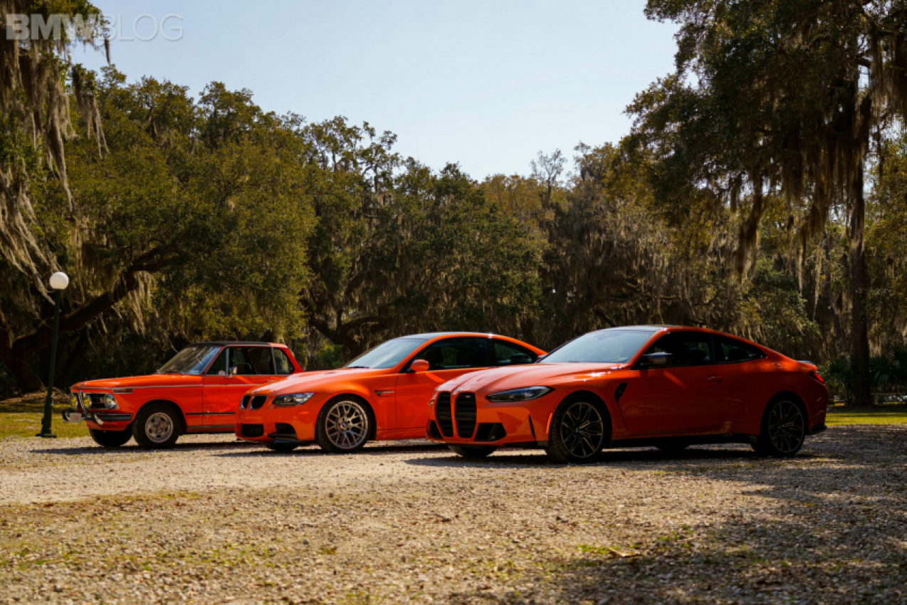 autos, bmw, cars, bmw 2002, bmw m3 coupe lime rock park, bmw m4, fire orange, side-by-side: bmw 2002 vs. e92 m3 lime rock vs. m4 fire orange