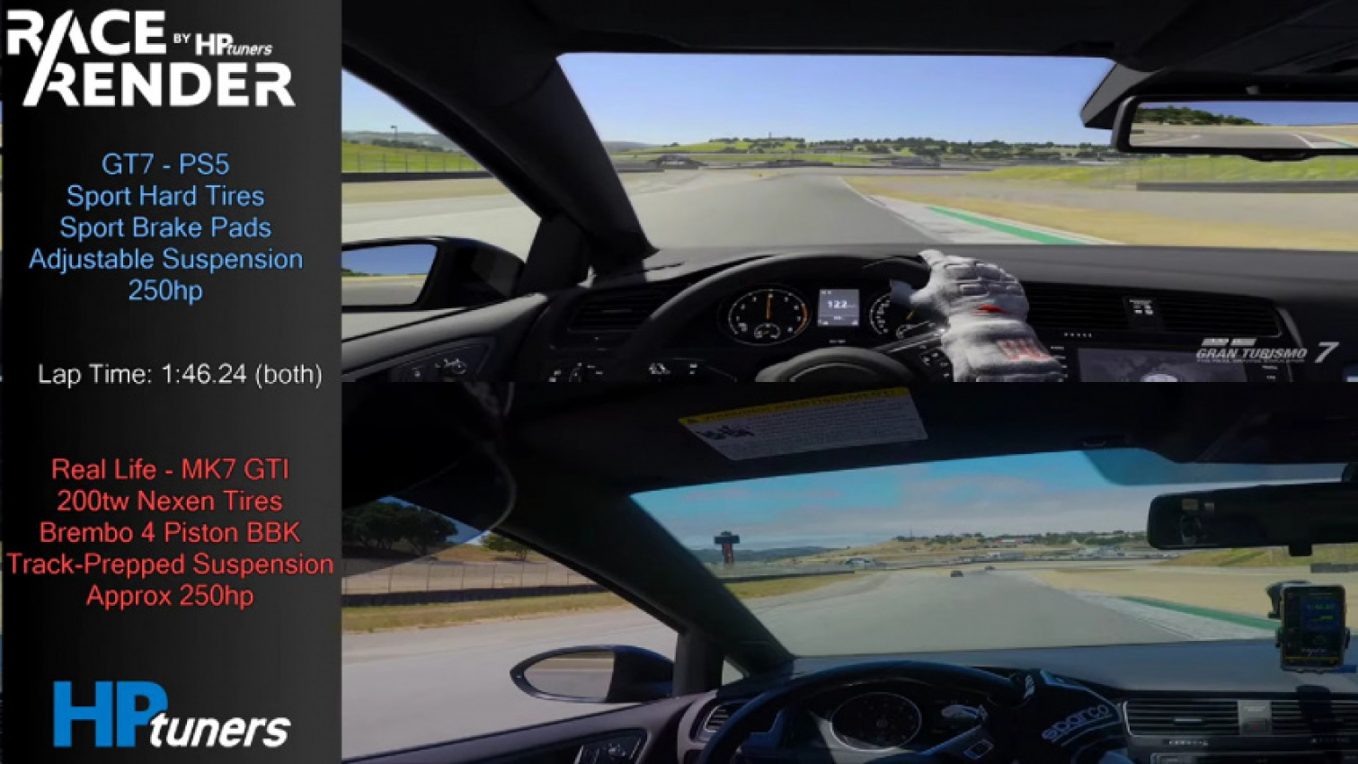 autos, cars, news, games, gran turismo, video, vw golf gti, vw videos, watch a gran turismo 7 vs real life lap of laguna seca in a vw golf gti side-by-side
