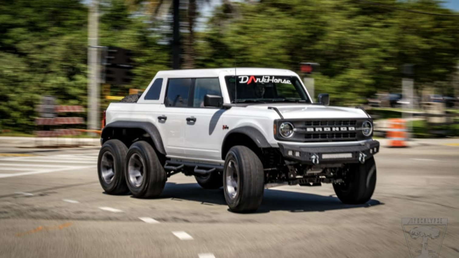 aftermarket, autos, cars, ford, aftermarket, ford bronco, truck, apocalypse dark horse is a ford bronco pickup with 6 wheels and a lift kit