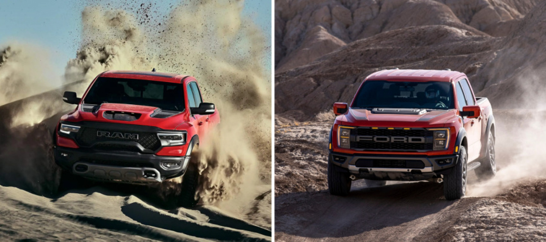 autos, cars, ford, ram, f-150, ford f-150, 2022 ram 1500 trx barely beats the 2022 ford f-150 raptor in the battle of supercharged off-road pickup trucks