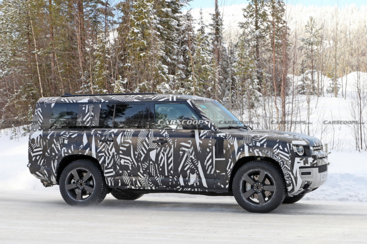 autos, cars, land rover, news, jaguar-land rover, land rover defender, land rover scoops, scoops, land rover’s longer defender 130 spied testing in the snow