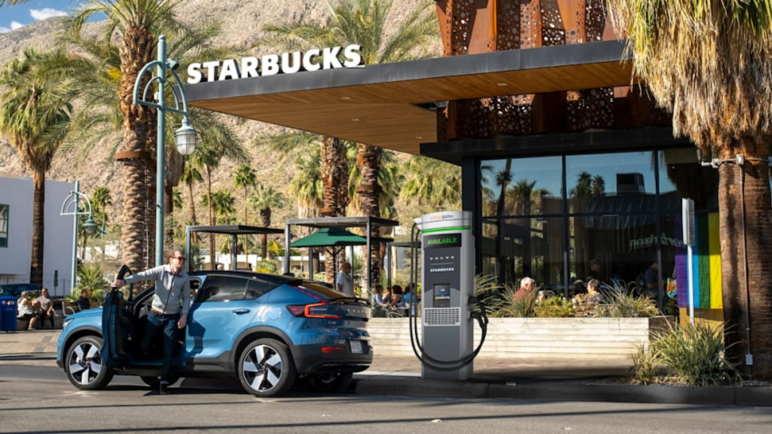 autos, cars, green, volvo, electric, infrastructure, volvo and starbucks to put charging stations at coffee shops