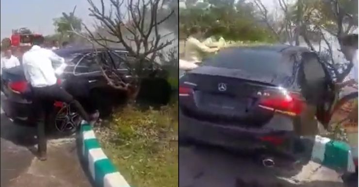 autos, cars, mercedes-benz, mercedes, mercedes-benz luxury sedan crashes on divider after a cattle comes on the road