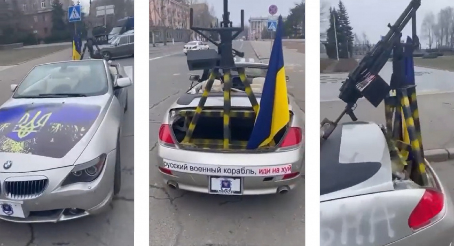 autos, bmw, cars, news, bmw 6-series, bmw videos, offbeat news, russia, used cars, ukrainians modify a bmw 6 series with a machine gun turret and give it to the police