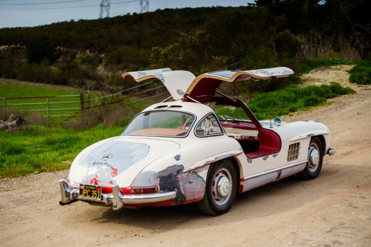 autos, cars, mercedes-benz, news, celebrities, classics, mercedes, mercedes sl, offbeat news, used cars, unrestored, undamaged 1956 mercedes-benz 300 sl gullwing has clearly lived a full life