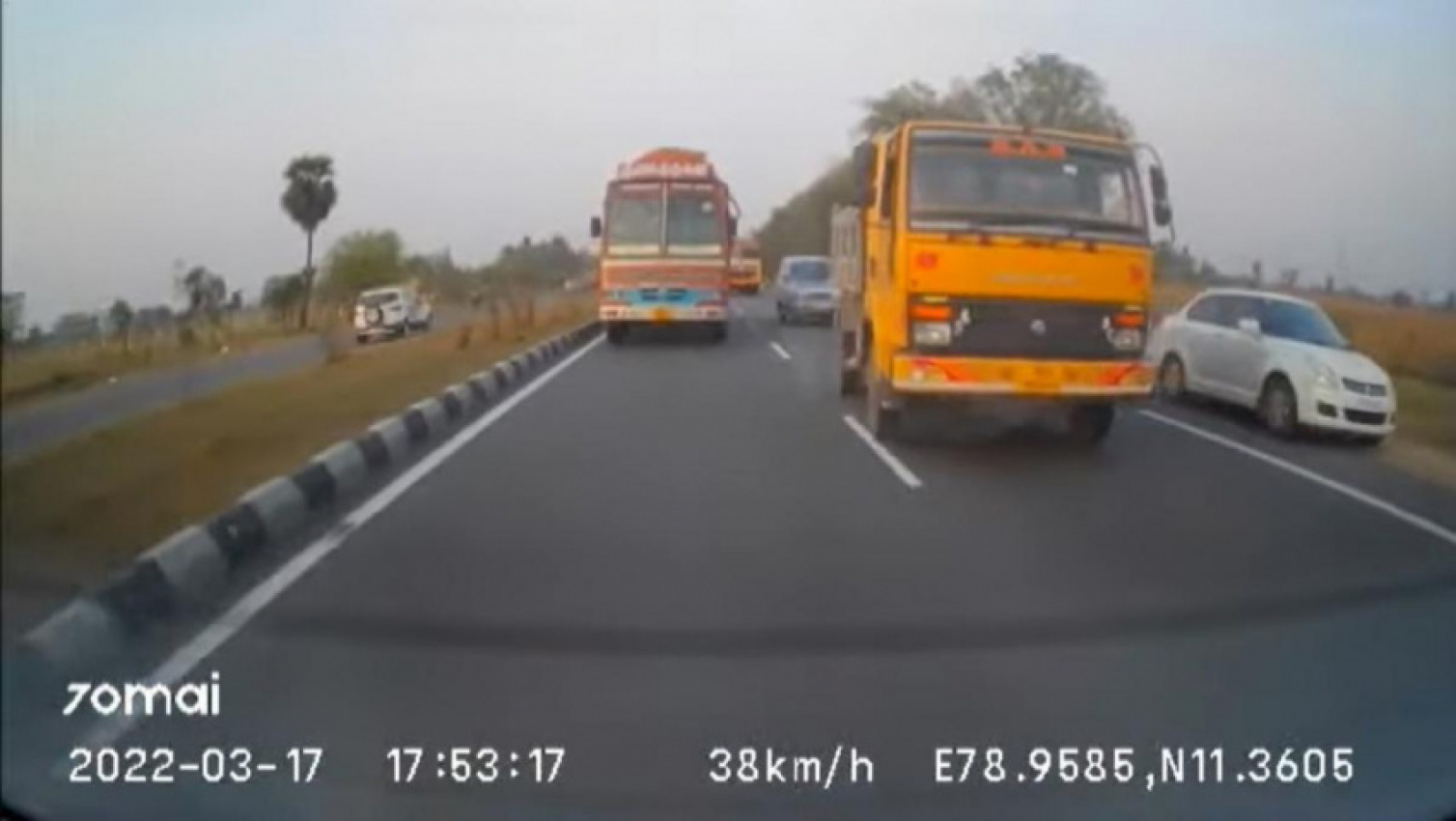 autos, cars, dzire, highways, indian, member content, road accident, video: close call on highway with a dangerously driven maruti dzire