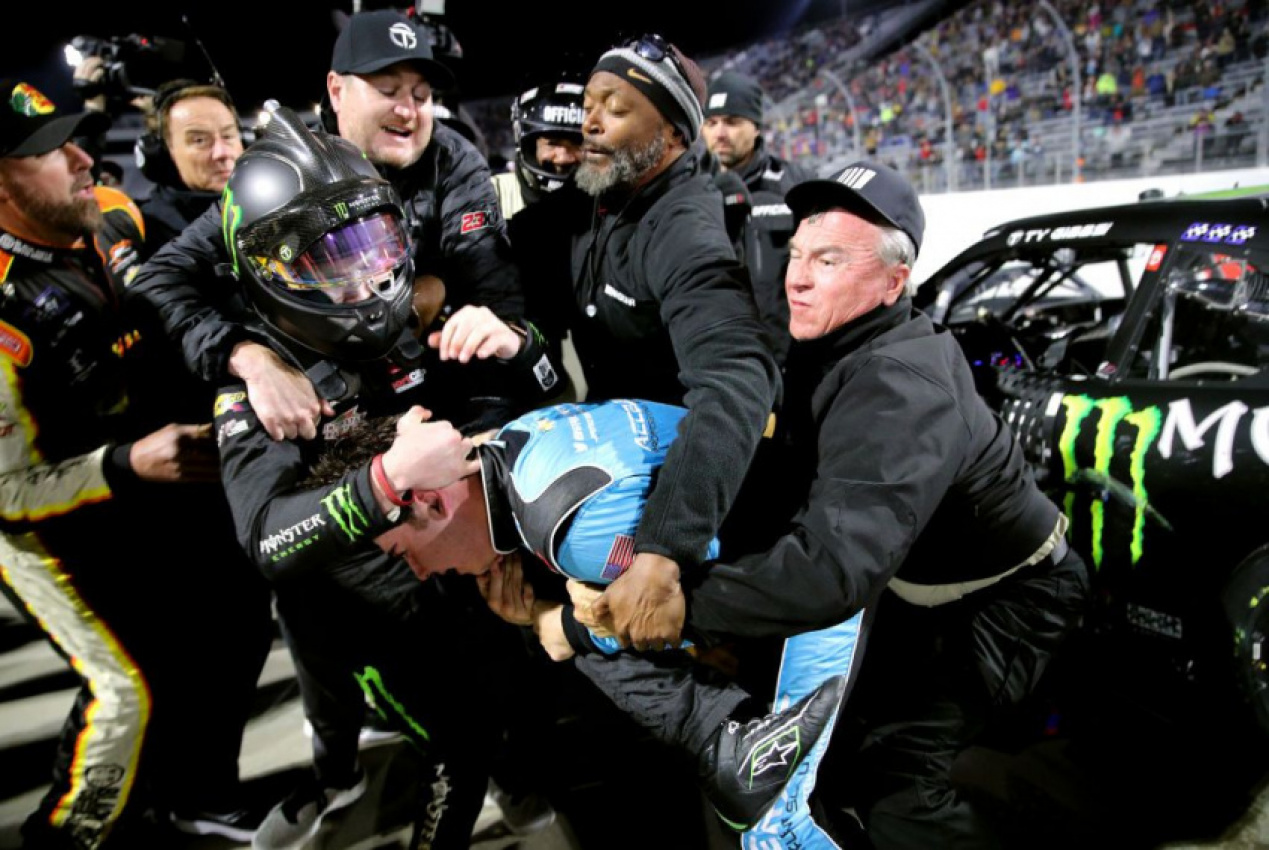 autos, cars, nascar, racing, martinsville speedway, sam mayer, ty gibbs, video: fists fly after nascar martinsville xfinity race; but drivers make nice later