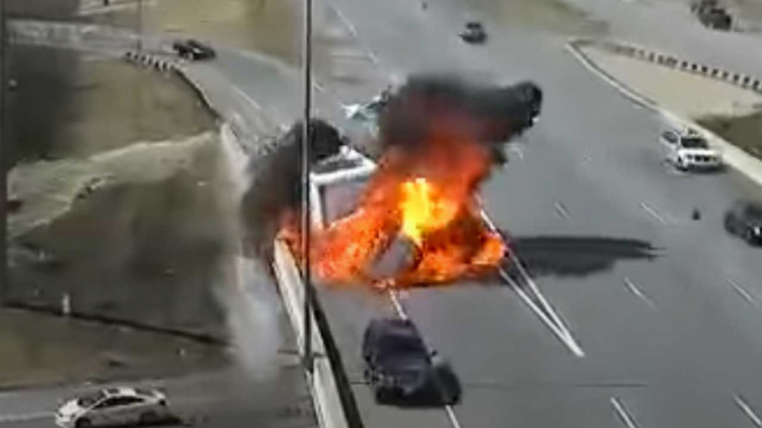 autos, cars, ram, dramatic car crash sees box truck go up in flames, driver walks away