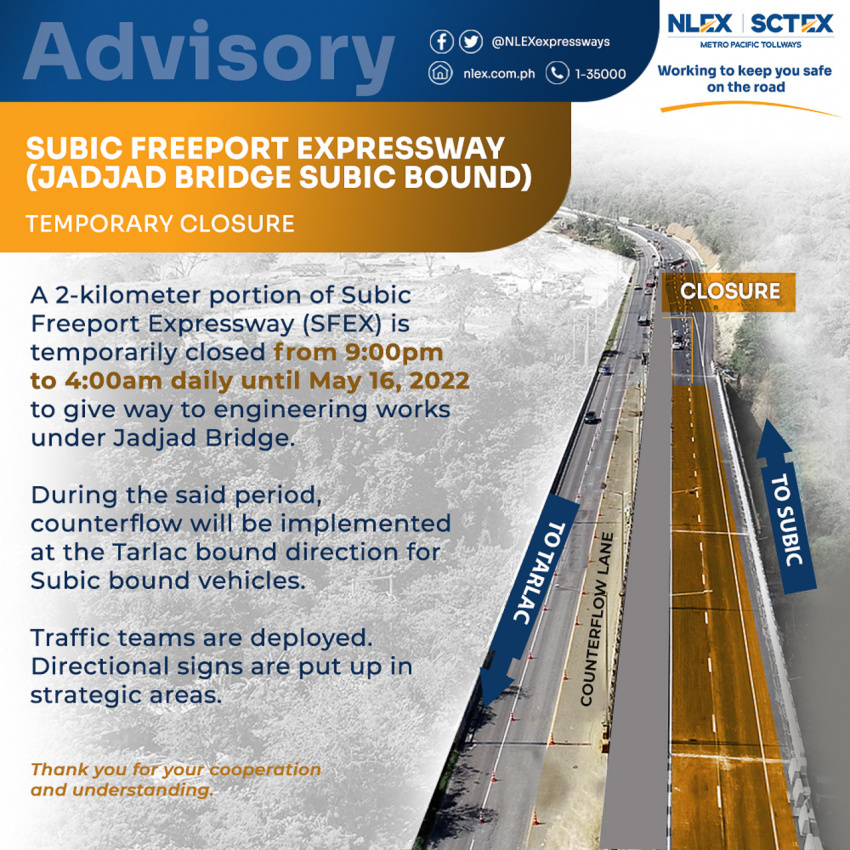 auto news, autos, cars, nlex, sfex, subic, subic freeport expressway, 2-km section of sfex closed daily 9pm-4am until may 16