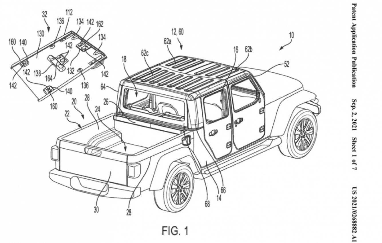 autos, cars, jeep, car tech, convertibles, jeep gladiator news, jeep news, patent, pickup trucks, vnex, jeep patents way to store gladiator roof panels on a bed tonneau cover