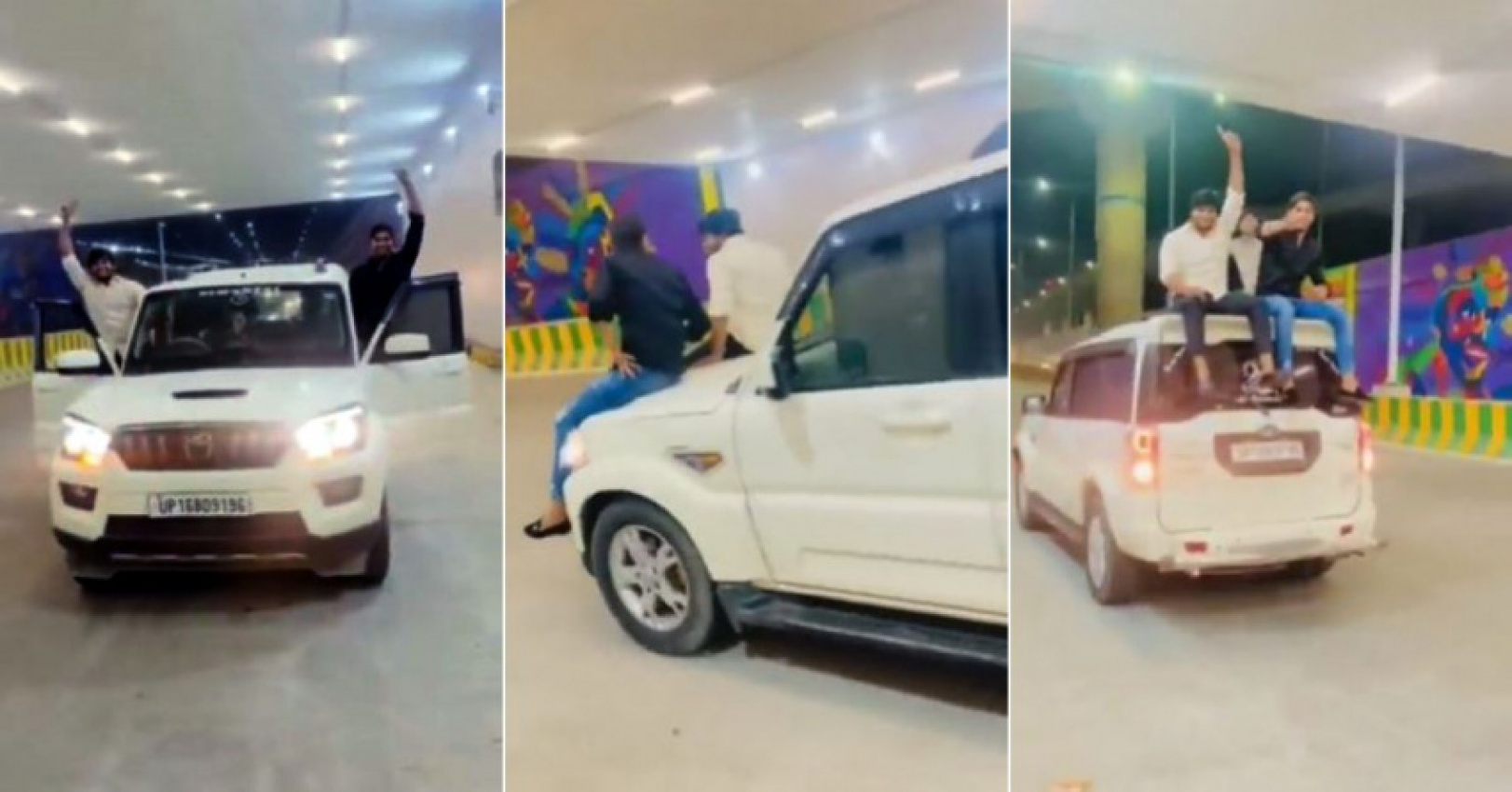 autos, cars, mahindra, 3 youngsters drive mahindra scorpio sitting on the bonnet & roof: cops takes action 