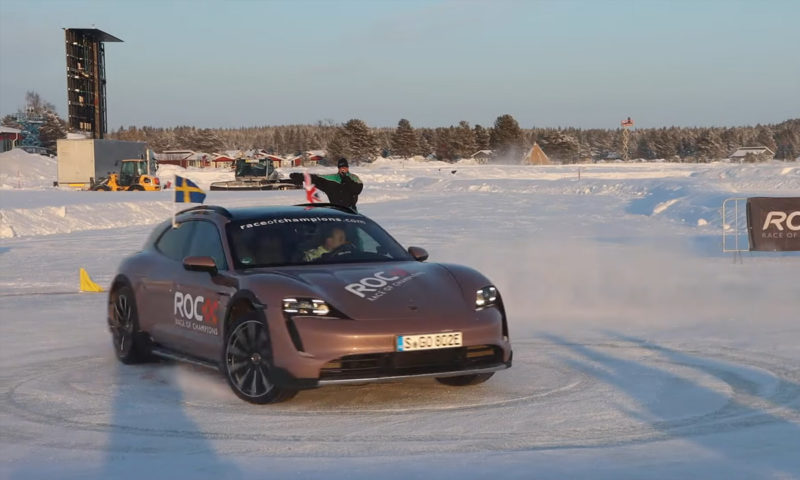 autos, cars, news, porsche, donuts, electric vehicle, guinness world record, porsche taycan, porsche taycan ev, race of champions, terry grant, vnex, winter tyres, world record, porsche taycan sets world record for most consecutive donuts