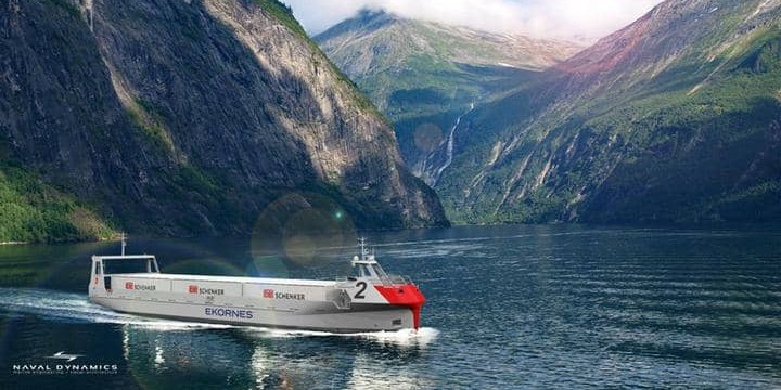 autos, cars, electric vehicle, water, autonomous vehicles, db schenker, ekornes, electric ships, ikornnes, kongsberg, massterly, naval dynamics, norway, port of ålesund, vnex, autonomous container feeder ship starts operation in norway