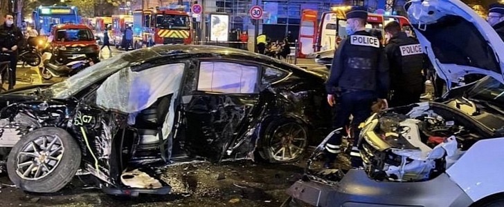 tesla model 3 taxi cab accident hurts about 20 people in paris due to braking issues
