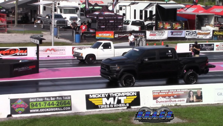 frail chevy s10 drags nitrous ram trx and whipple ford f-150, both get destroyed