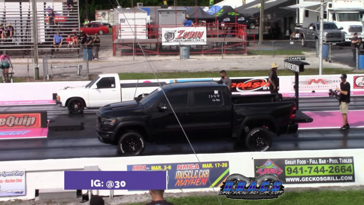 frail chevy s10 drags nitrous ram trx and whipple ford f-150, both get destroyed