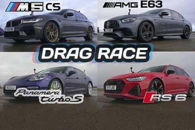 watch a porsche panamera take on a bmw m5 cs, an amg e63, and an audi rs6 in a drag race