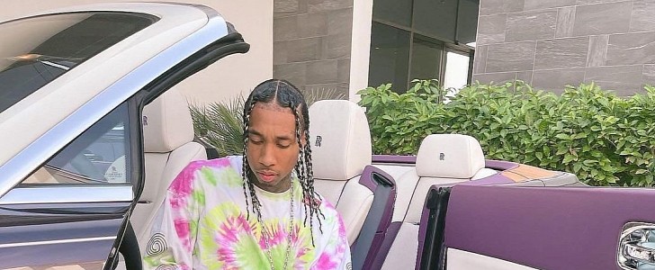 rapper tyga’s rolls-royce dawn comes with a purple and beige interior