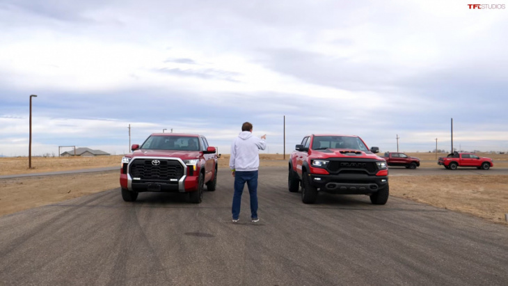 2022 toyota tundra drag races ford f-150 powerboost, ram 1500 trx says nuh-uh