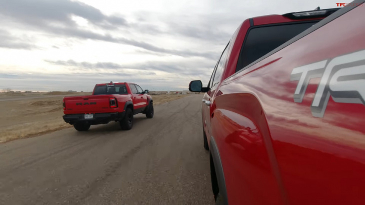 2022 toyota tundra drag races ford f-150 powerboost, ram 1500 trx says nuh-uh