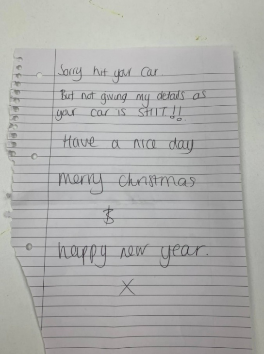 someone claims to have hit woman's suzuki, leaves offensive note insulting her car